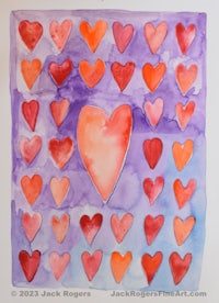 a watercolor painting of hearts on a purple background
