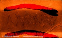 a red and black painting with writing on it