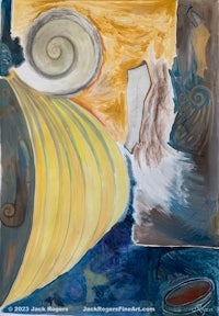 a painting with a yellow and blue background